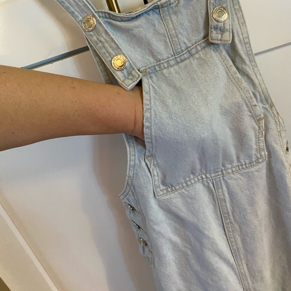 asos Stradivarius cropped wide leg denim dungarees light Blue Denim Overalls - Picture 12 of 16